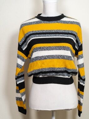 Divided Striped Crew Sweater in Mustard, Black & White